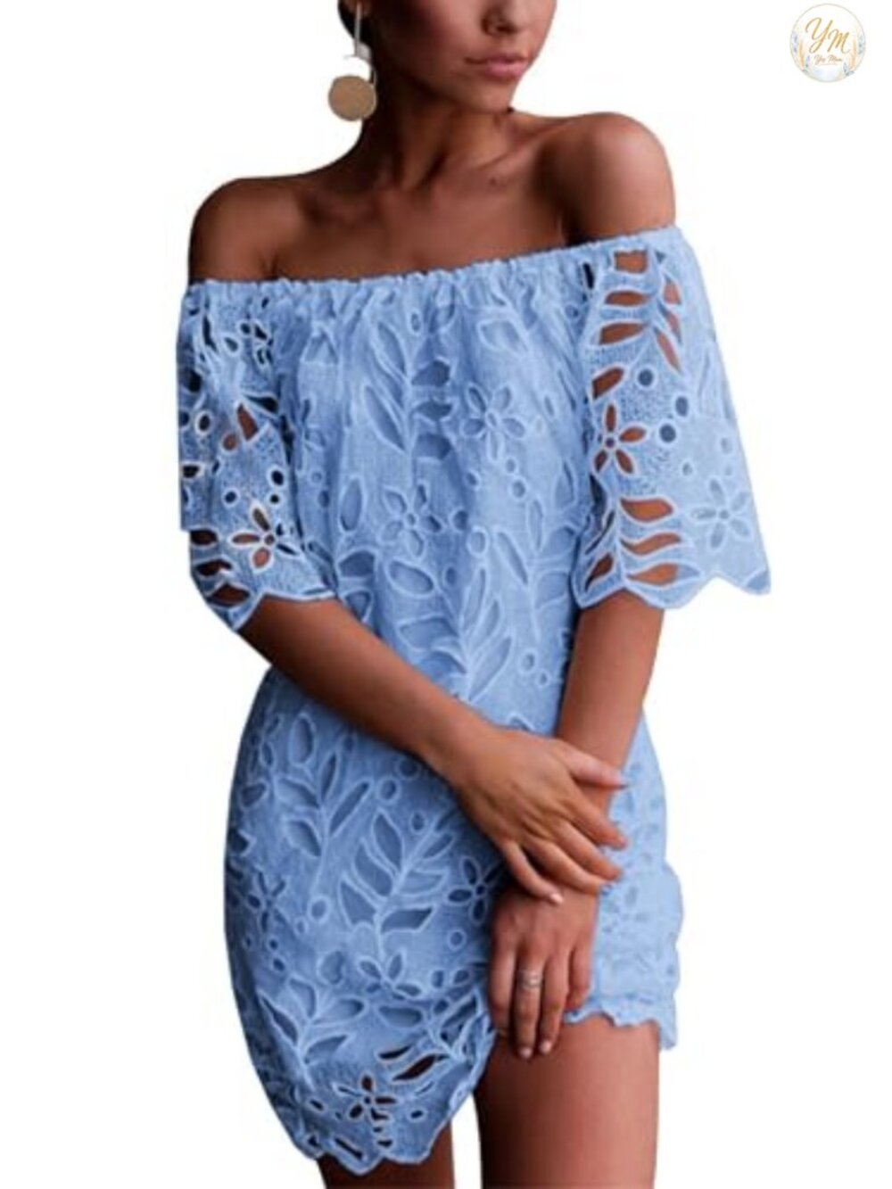 Off Shoulder Lace Mini Dress Short Sleeve Floral Eyelet Summer Casual